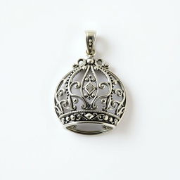 A small silver filigree crown round pendant crest, intricately designed with delicate patterns and ornate details, depicted in a fantasy art style on a blank background