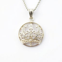 A small silver filigree crown round pendant crest, intricately designed with delicate patterns and ornate details, depicted in a fantasy art style on a blank background