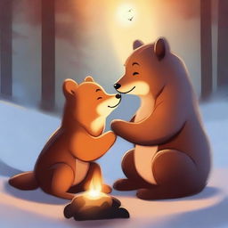 A high-quality digital art piece depicting a heartwarming scene of a bear and a fox sharing a tender kiss by a crackling fire