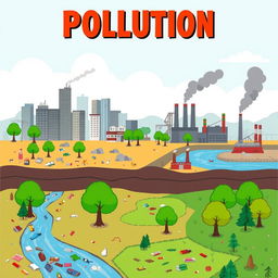A simple and educational illustration illustrating pollution in various environments