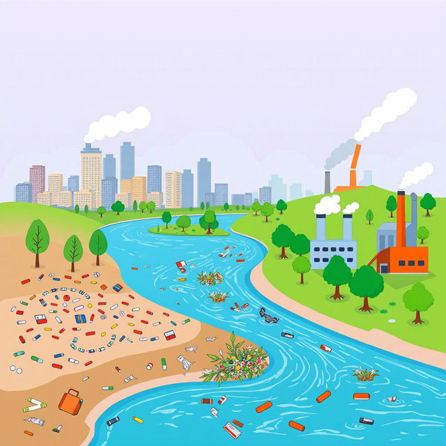 A simple and educational illustration illustrating pollution in various environments