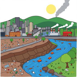 A simple and educational illustration illustrating pollution in various environments
