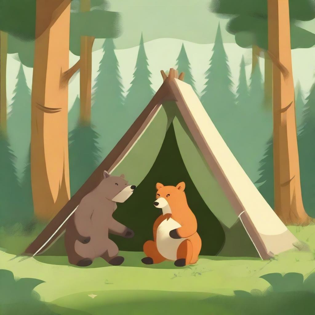 This digital art image, rendered in high quality, showcases a bear and a fox in the midst of setting up a tent in a forest