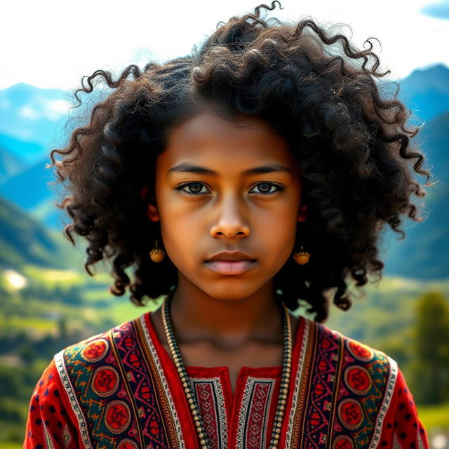 A striking portrait of a swarthy Kyrgyz teenager with black curly hair, showcasing their expressive features