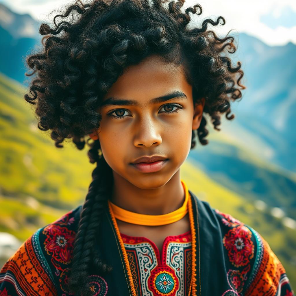 A striking portrait of a swarthy Kyrgyz teenager with black curly hair, showcasing their expressive features