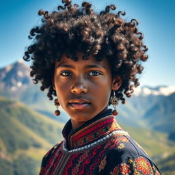 A striking portrait of a swarthy Kyrgyz teenager with black curly hair, showcasing their expressive features