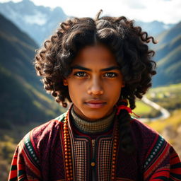A striking portrait of a swarthy Kyrgyz teenager with black curly hair, showcasing their expressive features