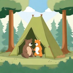 This digital art image, rendered in high quality, showcases a bear and a fox in the midst of setting up a tent in a forest