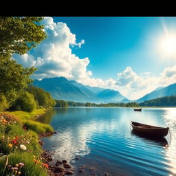 A serene landscape depicting a calm and tranquil riverbank under a vibrant blue sky filled with fluffy white clouds