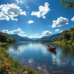 A serene landscape depicting a calm and tranquil riverbank under a vibrant blue sky filled with fluffy white clouds