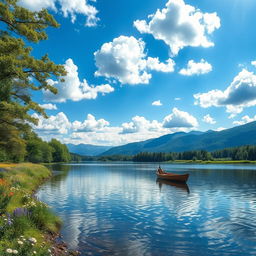 A serene landscape depicting a calm and tranquil riverbank under a vibrant blue sky filled with fluffy white clouds
