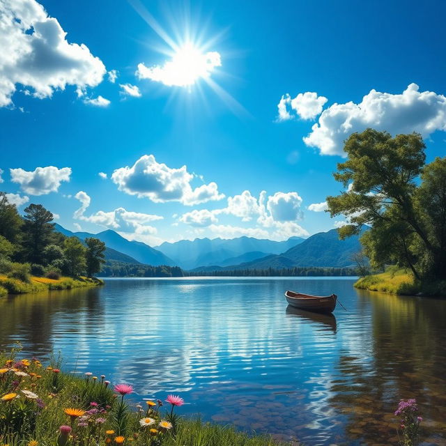 A serene landscape depicting a calm and tranquil riverbank under a vibrant blue sky filled with fluffy white clouds