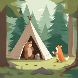 This digital art image, rendered in high quality, showcases a bear and a fox in the midst of setting up a tent in a forest