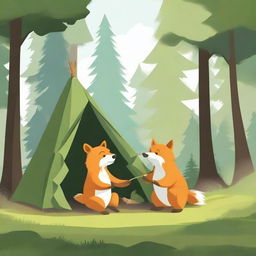 This digital art image, rendered in high quality, showcases a bear and a fox in the midst of setting up a tent in a forest