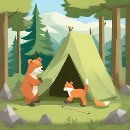 This is a high-quality digital art image portraying a bear and a fox setting up a tent in the wilderness