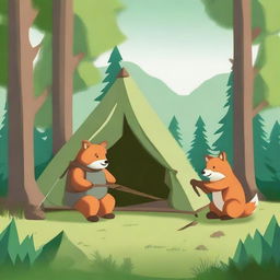 This is a high-quality digital art image portraying a bear and a fox setting up a tent in the wilderness