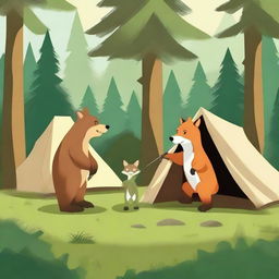 This is a high-quality digital art image portraying a bear and a fox setting up a tent in the wilderness