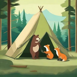 This is a high-quality digital art image portraying a bear and a fox setting up a tent in the wilderness