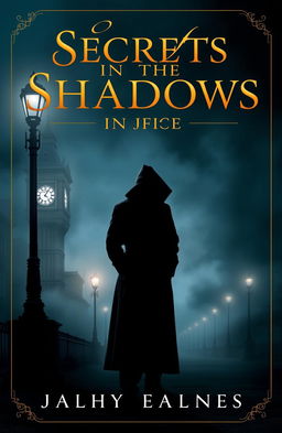 A captivating mystery book cover featuring a shadowy figure in a long trench coat standing under a flickering streetlight