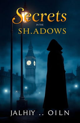 A captivating mystery book cover featuring a shadowy figure in a long trench coat standing under a flickering streetlight