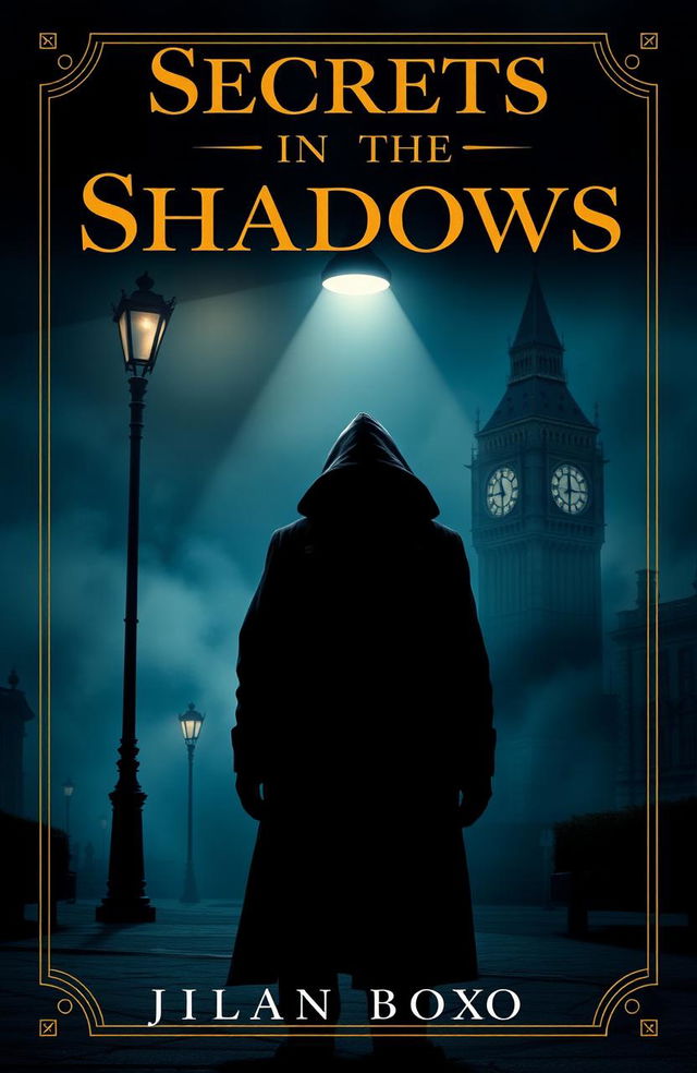 A captivating mystery book cover featuring a shadowy figure in a long trench coat standing under a flickering streetlight