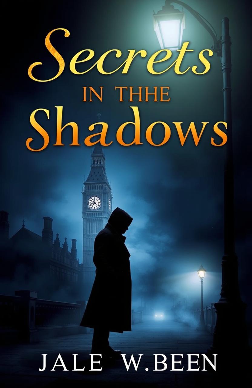 A captivating mystery book cover featuring a shadowy figure in a long trench coat standing under a flickering streetlight