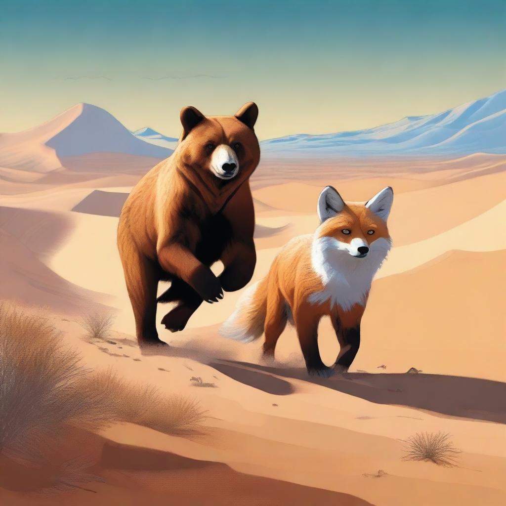 This digital art image, rendered in high quality, shows a bear and a fox adventuring through a desert