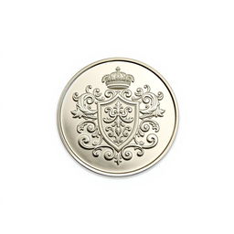 A small silver round coin featuring a beautifully intricate filigree crest, designed in a fantasy art style and set against a blank background