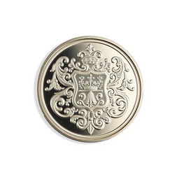 A small silver round coin featuring a beautifully intricate filigree crest, designed in a fantasy art style and set against a blank background