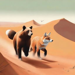 This digital art image, rendered in high quality, shows a bear and a fox adventuring through a desert