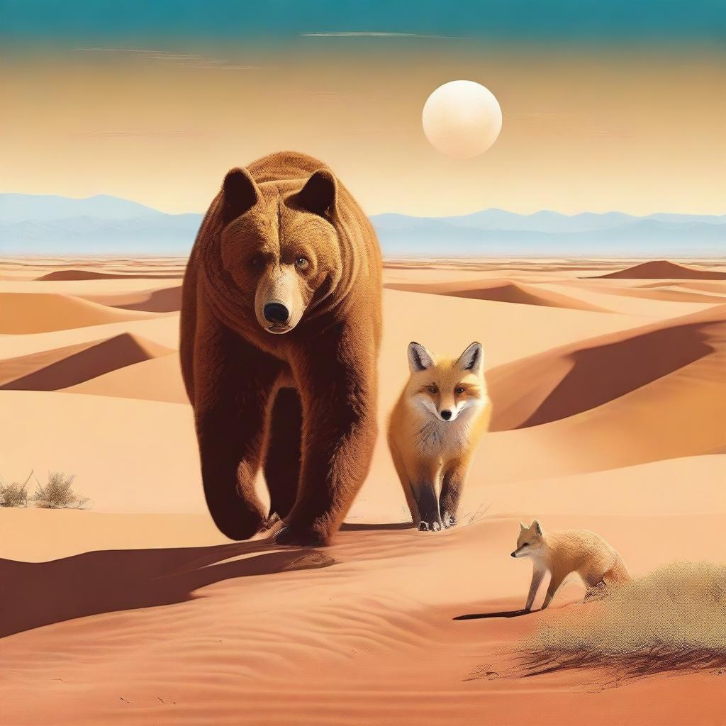 This digital art image, rendered in high quality, shows a bear and a fox adventuring through a desert