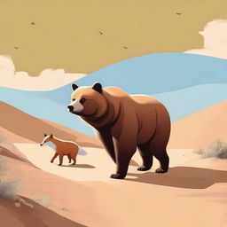 This digital art image, rendered in high quality, shows a bear and a fox adventuring through a desert