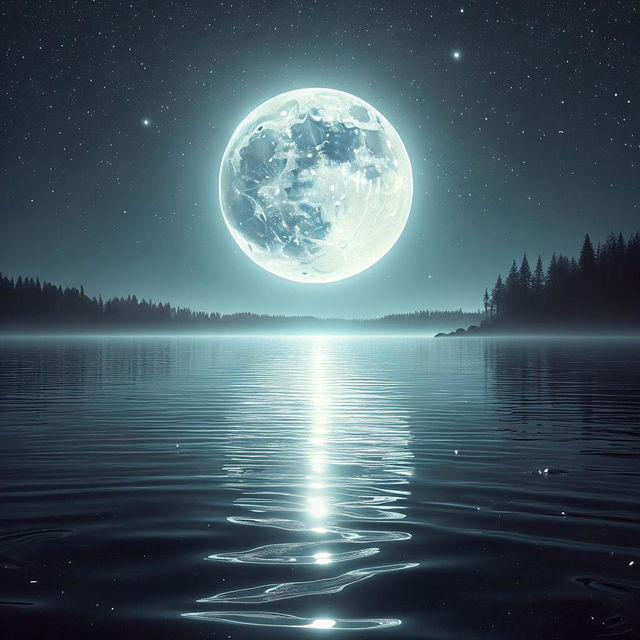 A serene night scene by a calm lake, with a large, luminous full moon hanging low in the sky