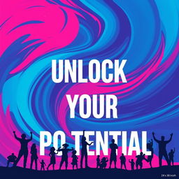 A vibrant and captivating poster design at 24x36 inches featuring a bold, eye-catching abstract background in shades of blue, pink, and purple, swirling together fluidly