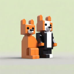 This is a high-quality digital art image that shows a bear and a fox made entirely out of LEGO bricks