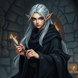 A high elf rogue character from a Dungeons & Dragons setting, wearing a sleek, flowing black robe that billows slightly as if caught in an invisible breeze