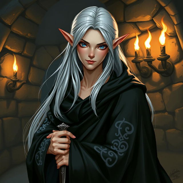 A high elf rogue character from a Dungeons & Dragons setting, wearing a sleek, flowing black robe that billows slightly as if caught in an invisible breeze