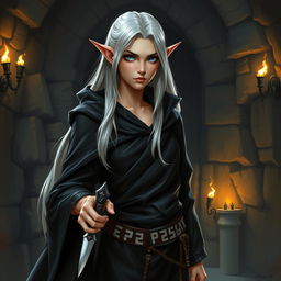 A high elf rogue character from a Dungeons & Dragons setting, wearing a sleek, flowing black robe that billows slightly as if caught in an invisible breeze