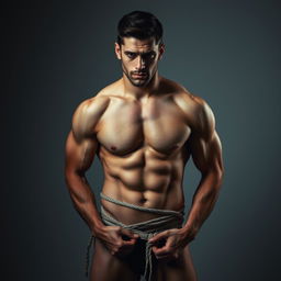 A muscular man tied up in a suggestive yet artistic manner, fully nude, showcasing his well-defined physique