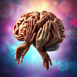 An imaginative depiction of a human brain composed entirely of intricately formed hands