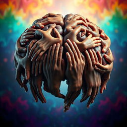 An imaginative depiction of a human brain composed entirely of intricately formed hands