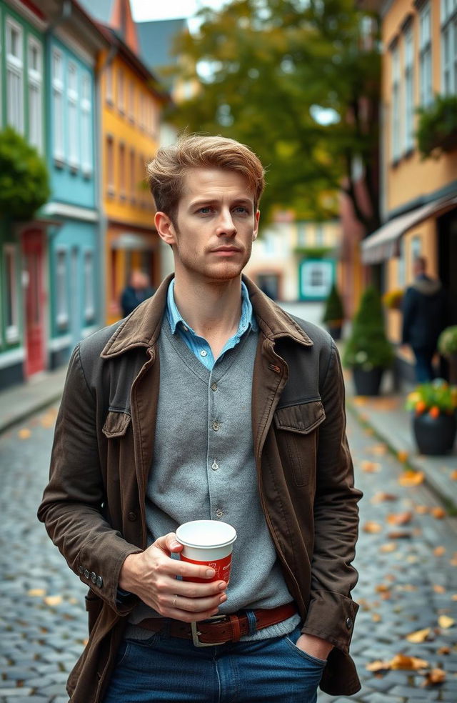 An Englishman in his 30s, dressed in stylish yet casual clothes, standing on a cobblestone street in Sweden