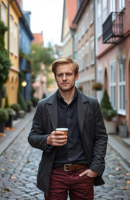 An Englishman in his 30s, dressed in stylish yet casual clothes, standing on a cobblestone street in Sweden