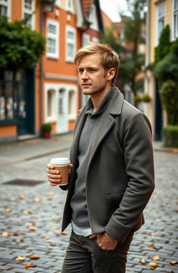 An Englishman in his 30s, dressed in stylish yet casual clothes, standing on a cobblestone street in Sweden