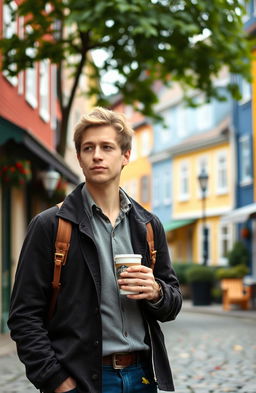 An Englishman in his 30s, dressed in stylish yet casual clothes, standing on a cobblestone street in Sweden