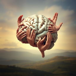 An intricate and imaginative representation of a human brain constructed entirely from hands