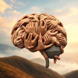 An intricate and imaginative representation of a human brain constructed entirely from hands