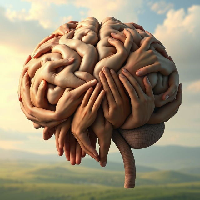 An intricate and imaginative representation of a human brain constructed entirely from hands