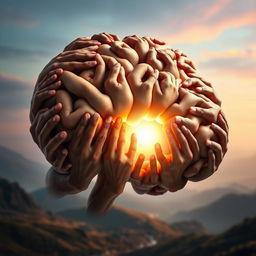 A striking and imaginative representation of a human brain entirely made of hands, with a luminous center that emits a soft, warm light