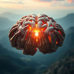 A striking and imaginative representation of a human brain entirely made of hands, with a luminous center that emits a soft, warm light